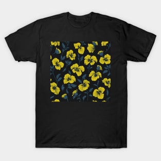 Yellow  Pansy Flower and Leaves Pattern on Black T-Shirt